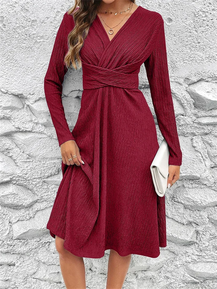 Retro High-waisted Skirt V-neck Women's Fall New Sexy Waist Thin Long-sleeved Commuter Casual Style Dresses-Cosfine