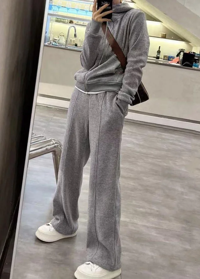 Fashion Grey Hooded Coats And Straight Pants Two Pieces Set Long Sleeve
