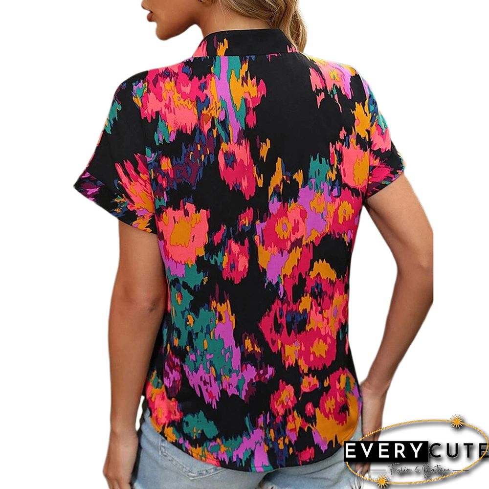 Red Multicolor Floral Printed Short Sleeve Top