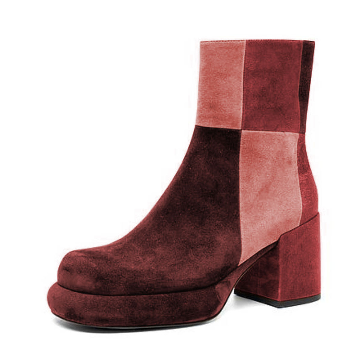 Maroon Multi Patchwork Platform Block Heeled Ankle Boots with Zipper Nicepairs