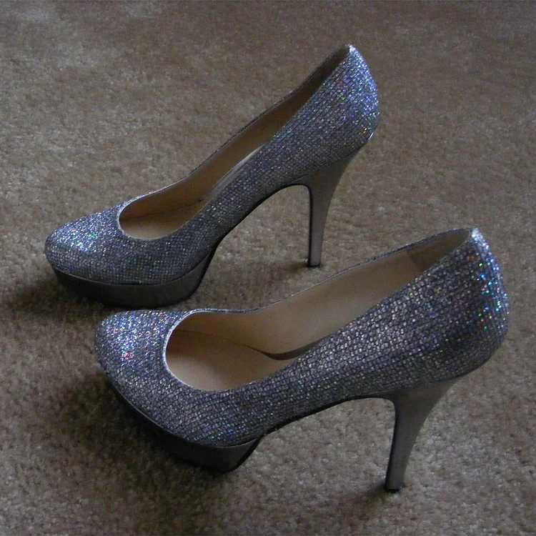 Silver Glitter Platform Heels Stiletto Heels Pumps for Women |FSJ Shoes