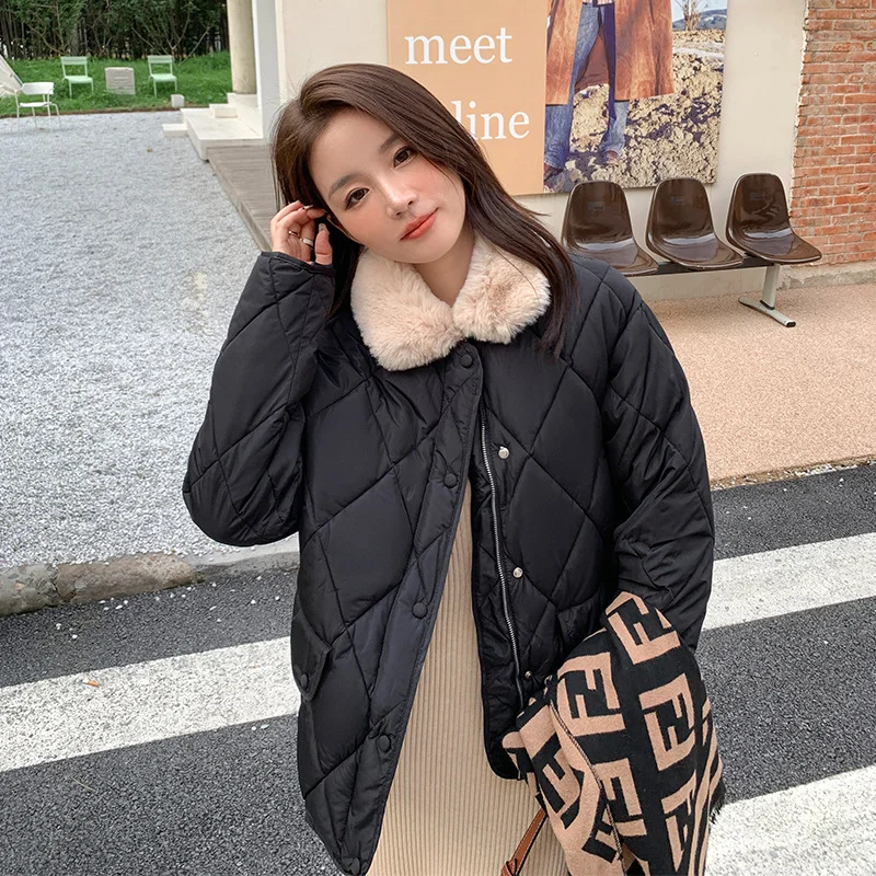 Toloer Design Sense Splicing Lamb Wool Collar Light Diamond Cotton Clothes Female Autumn And Winter New Korean Version Of Chic Casual Warm Cotton-Padded Jacket-Outfit Ideas