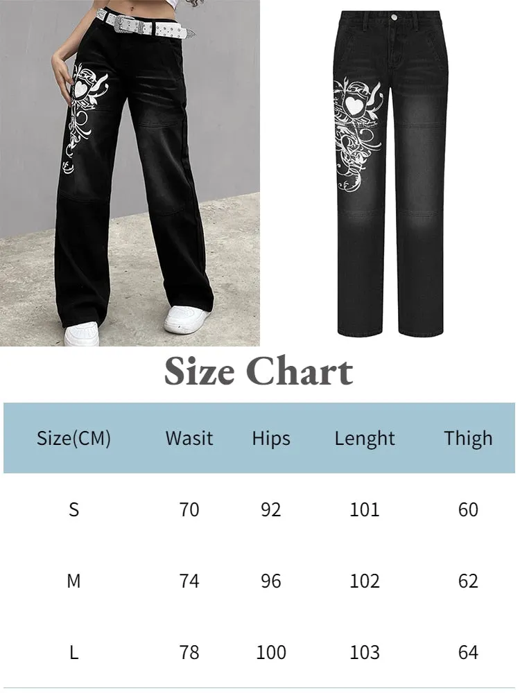 Jacuqeline 2022 Print Denim Y2K Cargo Pants Woman Low Rise Baggy Jeans Straight Long Trouser Women Clothing Fairy Grunge Vintage