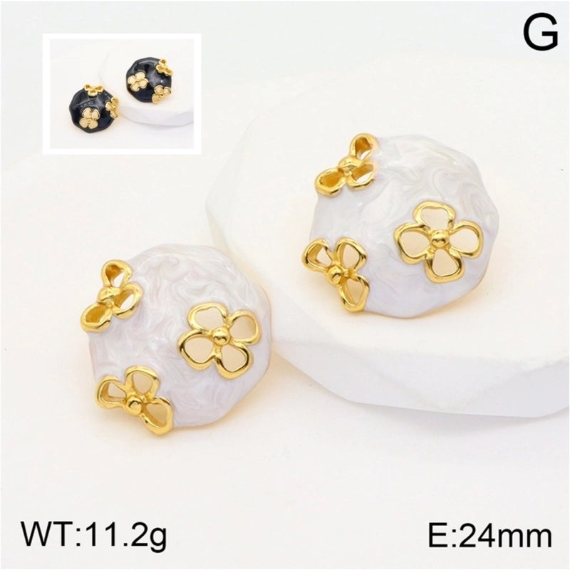 1 Pair Elegant Four Leaf Clover Round Colorful Enamel 304 Stainless Steel Resin 18K Gold Plated Ear Studs