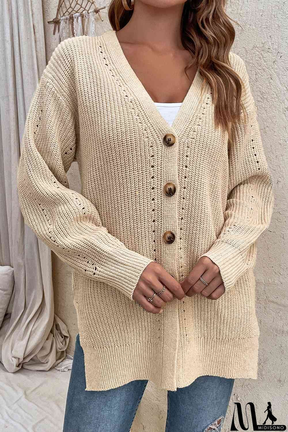 MidiSono - V-Neck Openwork Long Sleeve Cardigan