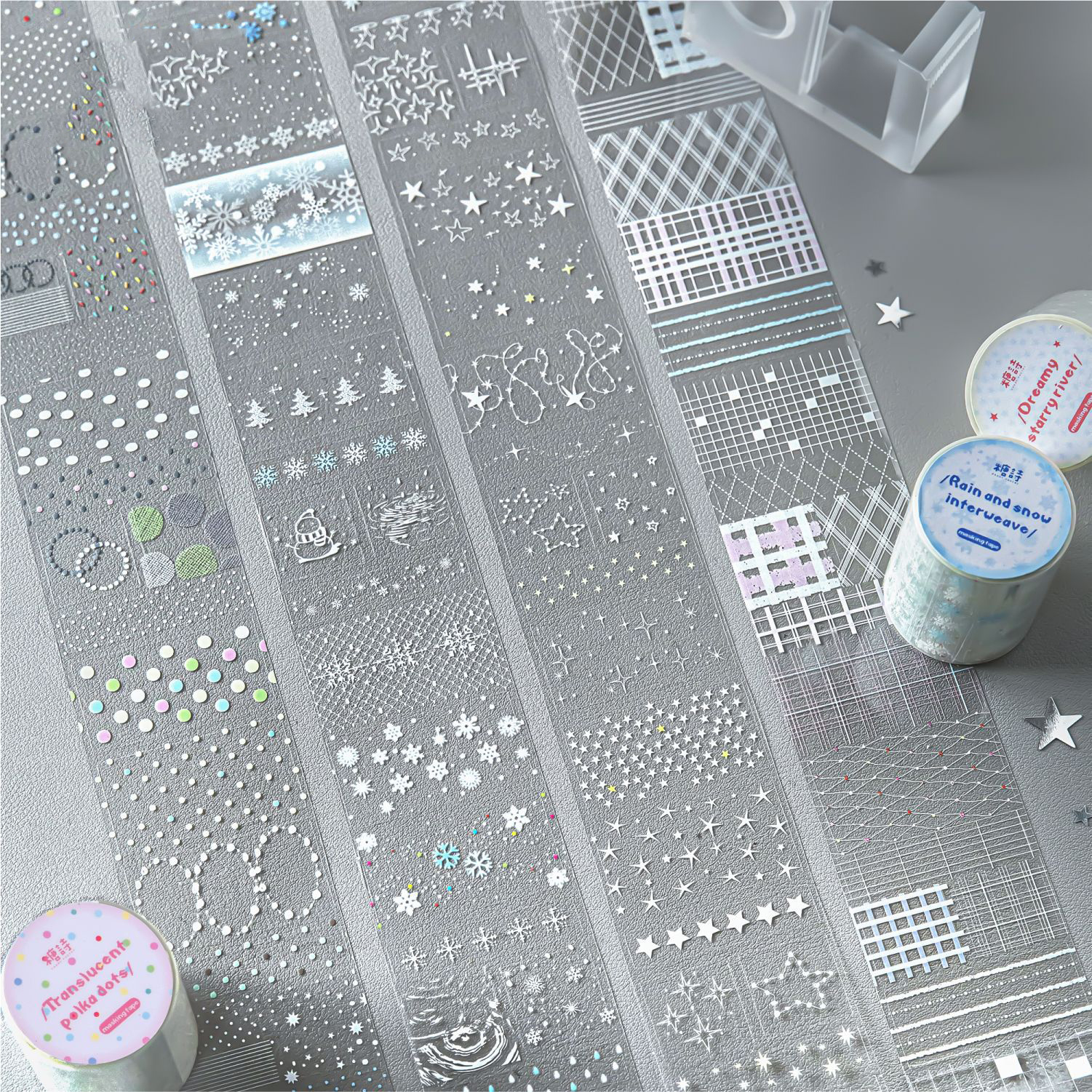PET 테이프 - 투명 월드 시리즈 빈티지 눈송이 별 도트