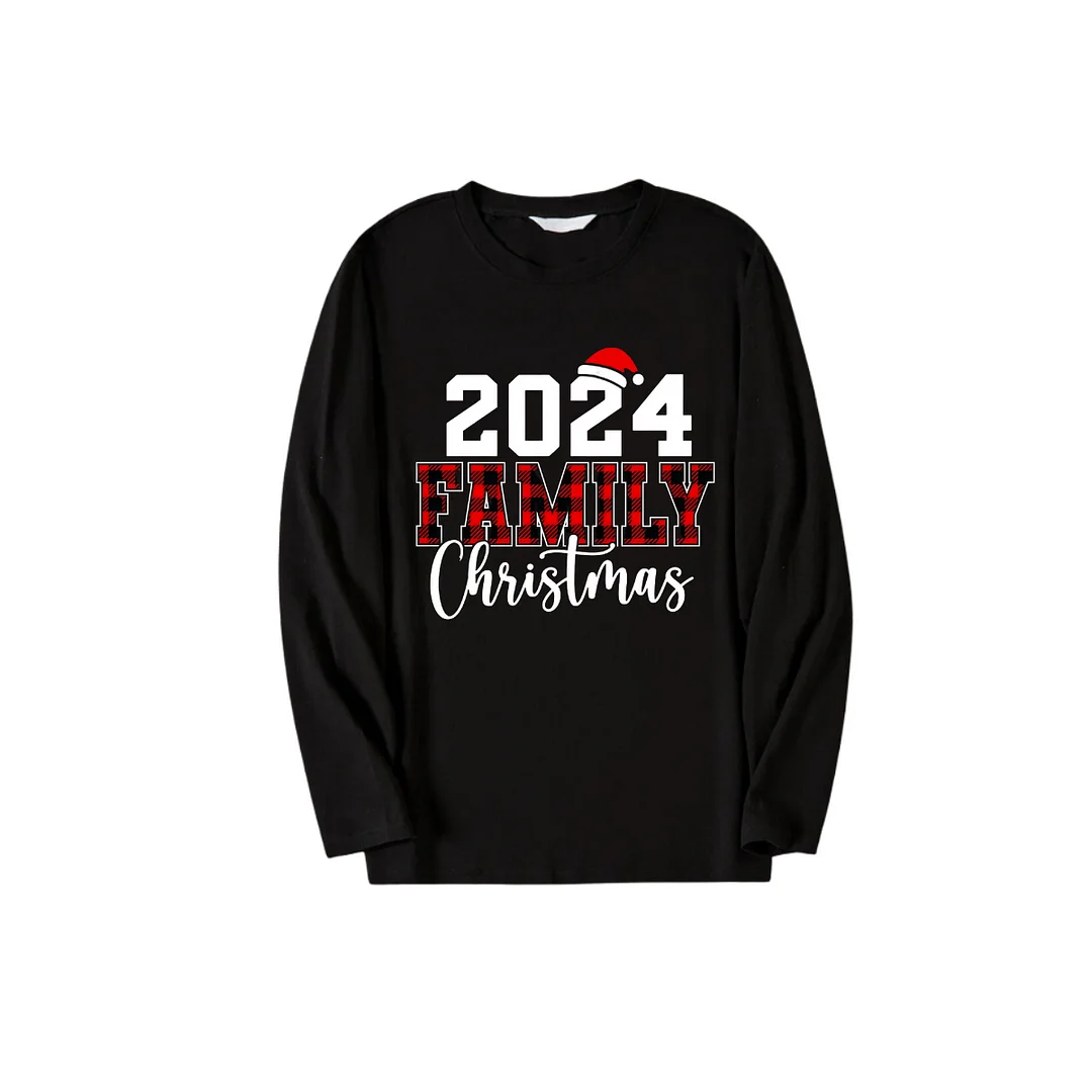 '2024 Family Christmas'Text Pattern Black Long Sleeve Top