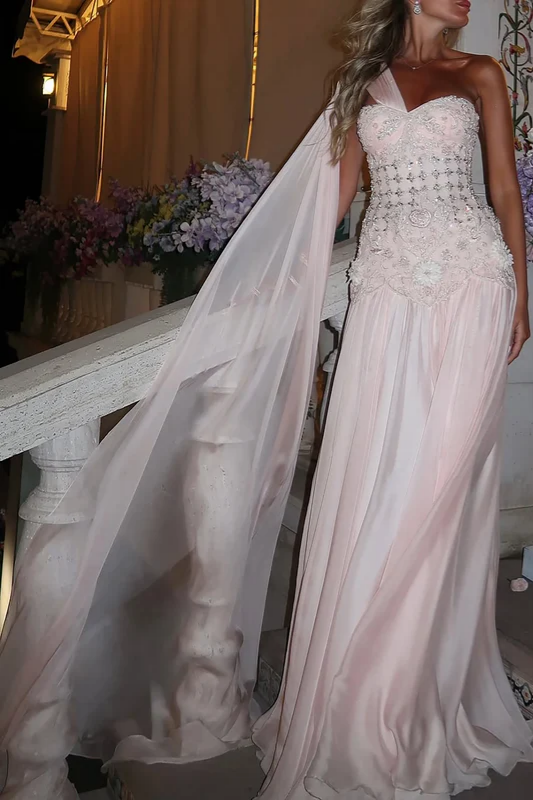 Chiffon Sweetheart Strapless Sleeveless High-Waisted Long Pleated A-Line Prom Dress With Sequins | LR0163 Wellcucu