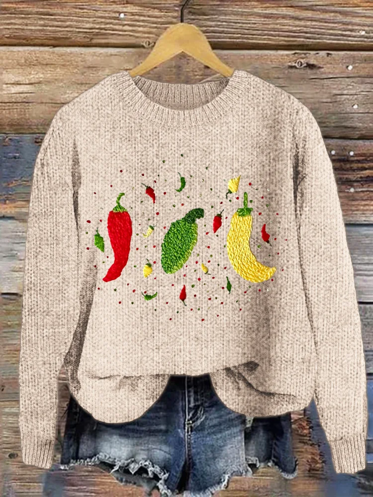 VChics Pepper Embroidery Pattern Crew Neck Sweater