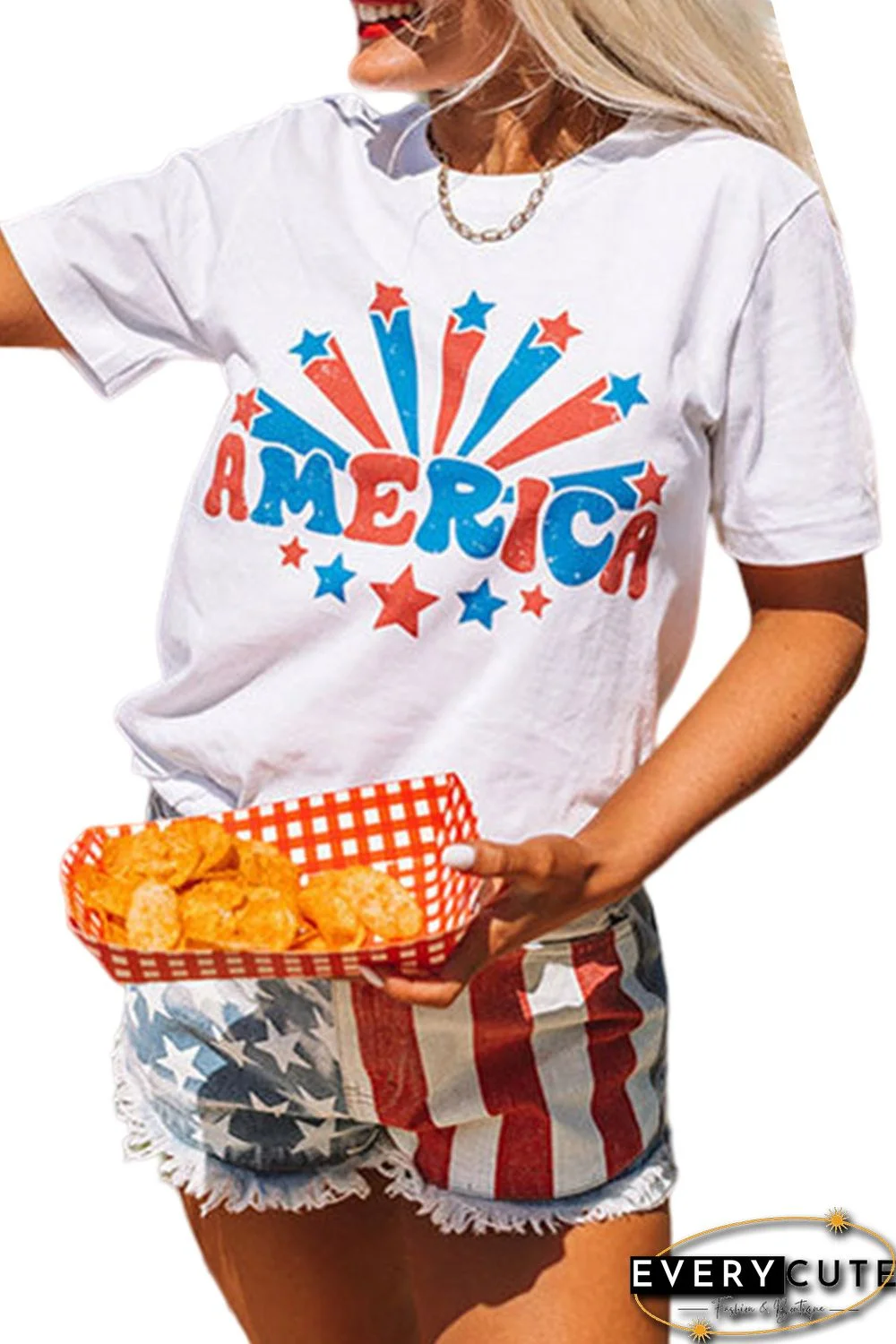 White AMERICA Stars Graphic Print Short Sleeve T Shirt