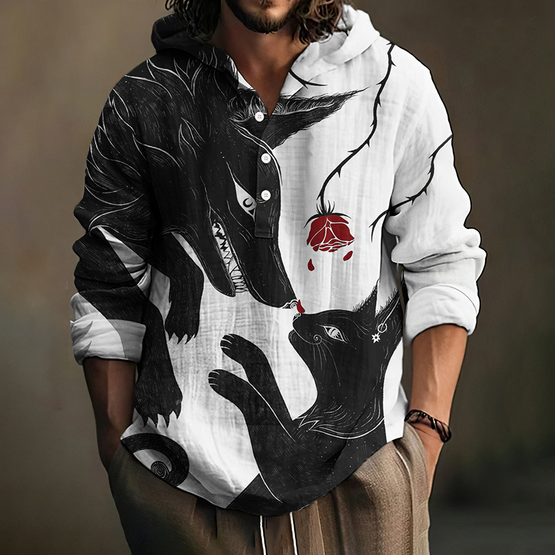 Men's Fantasy Japanese Wolf  And Cat Art Print Linen Hooded Shirt