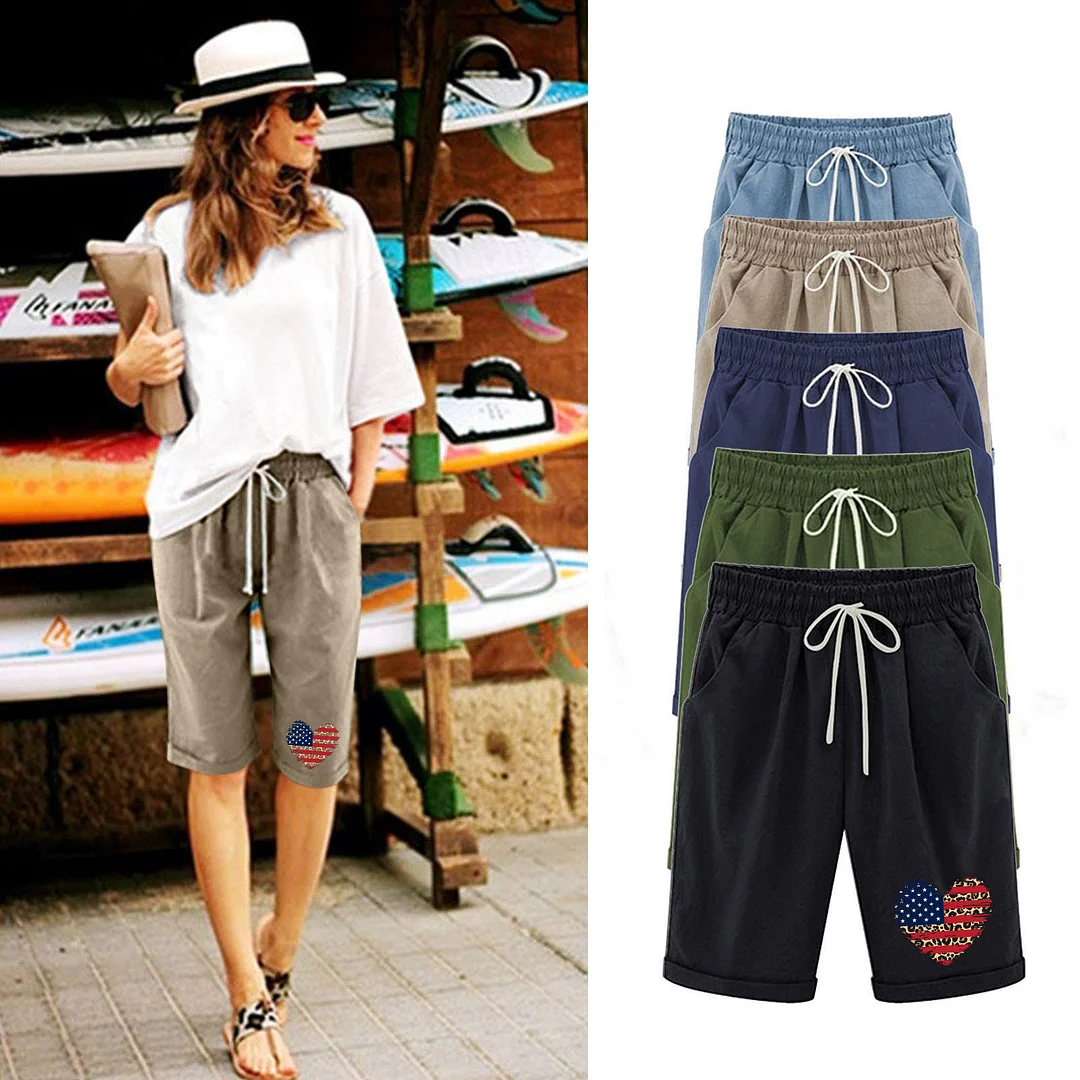 Independence Day New Women's Five-point Pants Love Print Drawstring Large Size Shorts