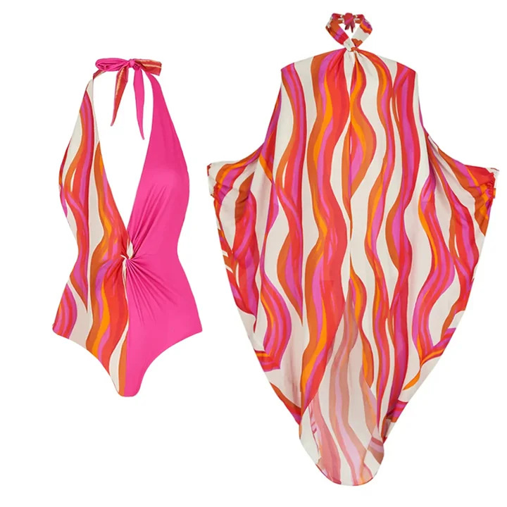 Halter Color Block One Piece Swimsuit and Cover Up Flaxmaker(Shipped on May 24th)