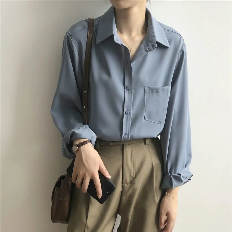 2021 Vintage Blouse Women Autumn Long Sleeve Shirt Women Korean Style Loose Casual White Tops Solid Elegant Blusas All Match
