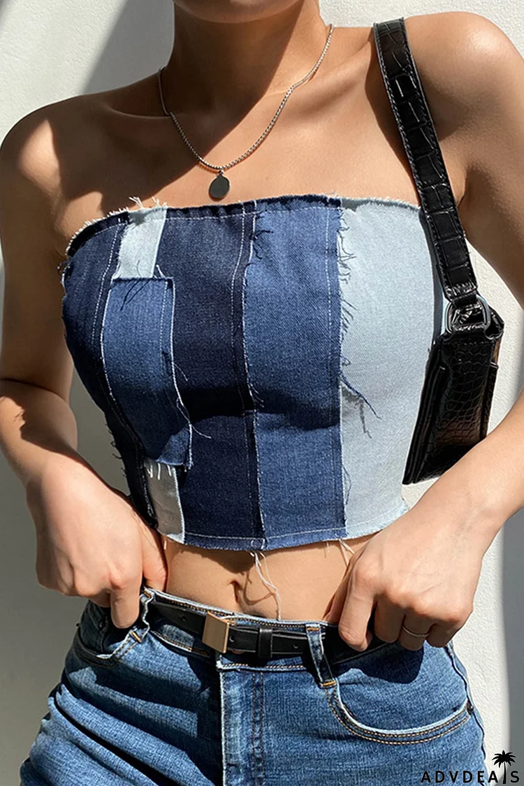 Contrast Patchwork Tie-back Denim Crop Top