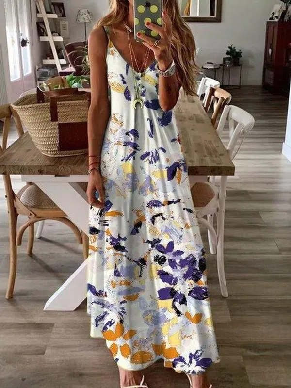 Elegant Spaghetti Straps V-Neck Printed Maxi Dress-vocosishoes