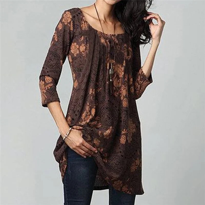 Women Fashion Tops Bohemian Three Quarter Sleeve Paisley Floral Print O-neck Muti Colors Loose Female Long Tops Plus Size