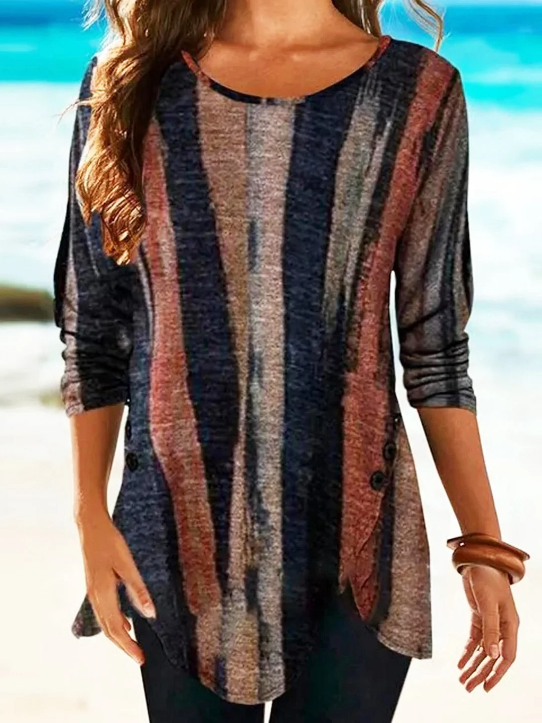 Brown Stripes Printed Casual Long Sleeve Shift Tunic Top