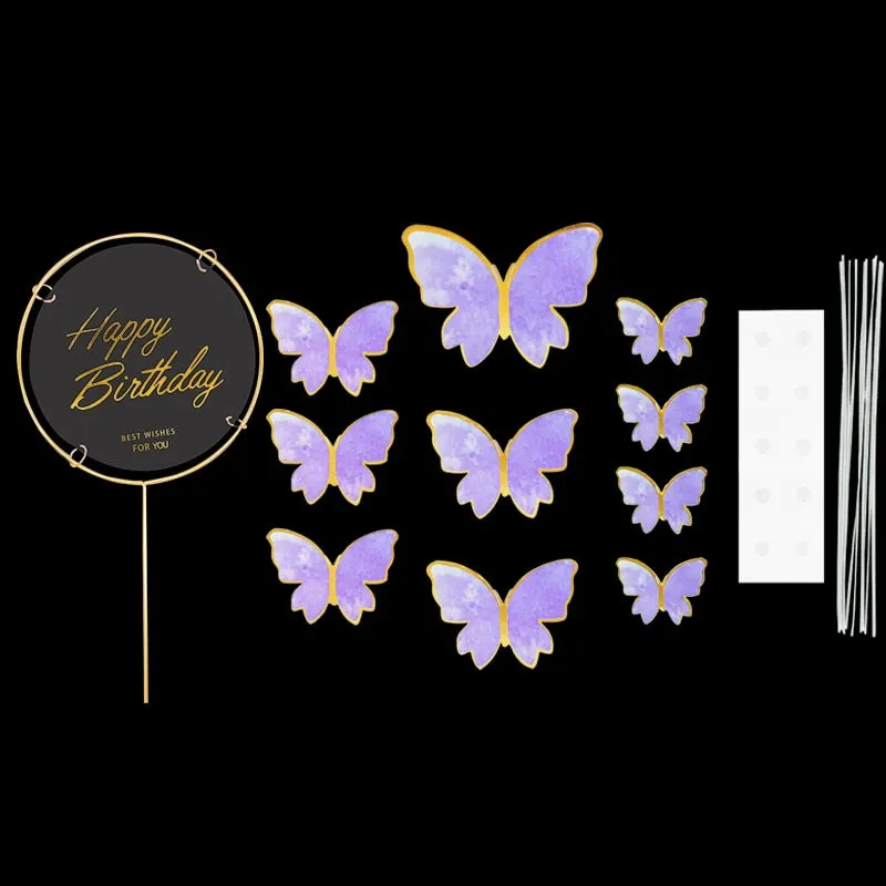 1Set Happy Birthday Cake Toppers Cake Decoration Handmade Butterfly Cupcake Topper For Wedding Birthday Party Baby Shower Baking