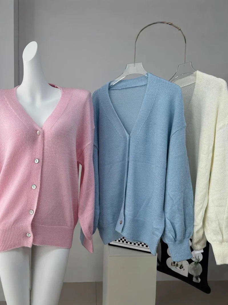 Athvotar Athvotar New Soft Horse Hair V-Neck Hollow Open Shirt Femininity Lazy Wind Buckle Lantern Sleeve Sweater Coat