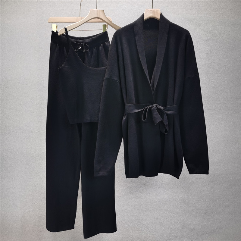 Ootddress Autumn Knit 3 Piece-Set For Women Outfits Lace-Up Vest Outwear Wide Leg Trousers Outfits Casual Solid Pleated Ladies Sets