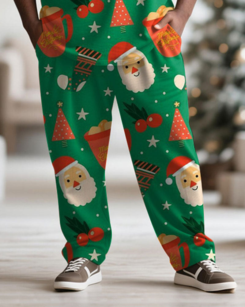 Big & Tall Men's Santa Claus Cartoon Green Print Long Sleeve T-Shirt Pants Set