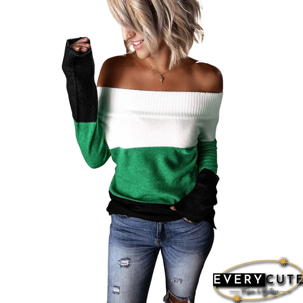 Green Color Block Off the Shoulder Sweater