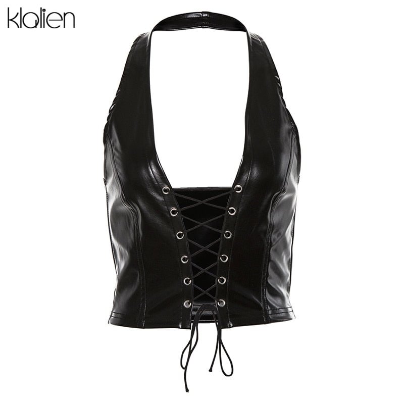 KLALIEN fashion punk black leather hollwo crop tops womens camisole 2020 summer fashion stretch tees Slim Soft leather tank tops