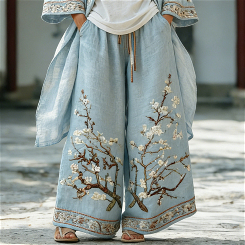 Almond Blossom Japanese Art Long Kimono & Pants Linen Set wearshes