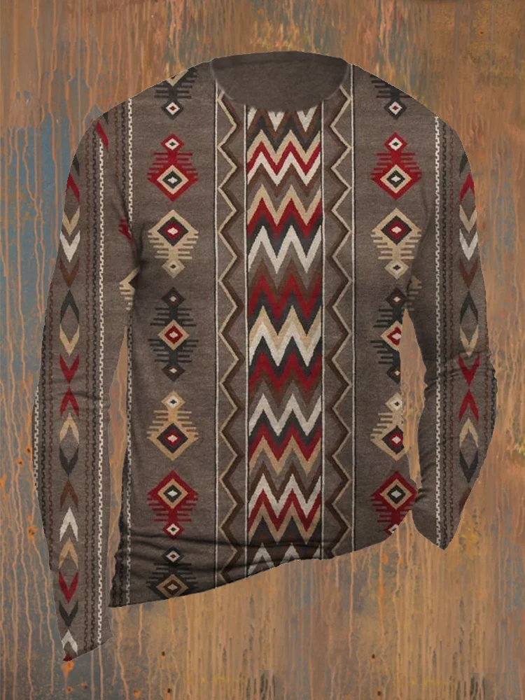 Western Ethnic Pattern Print Long Sleeve Crewneck T Shirt