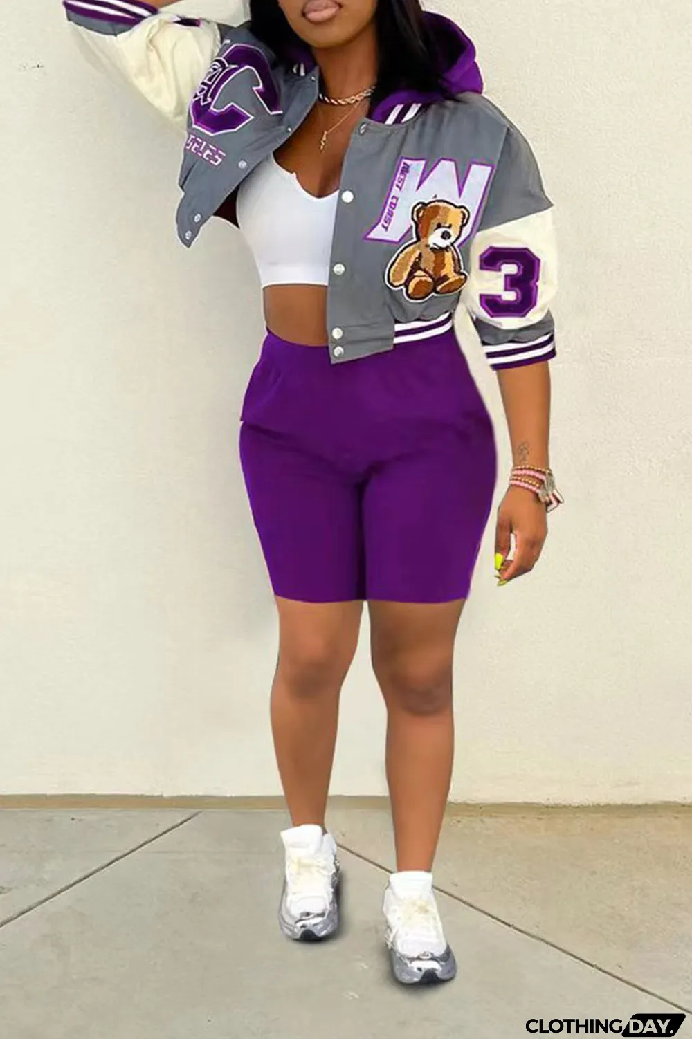 Purple Sexy Print Patchwork Hooded Collar Outerwear