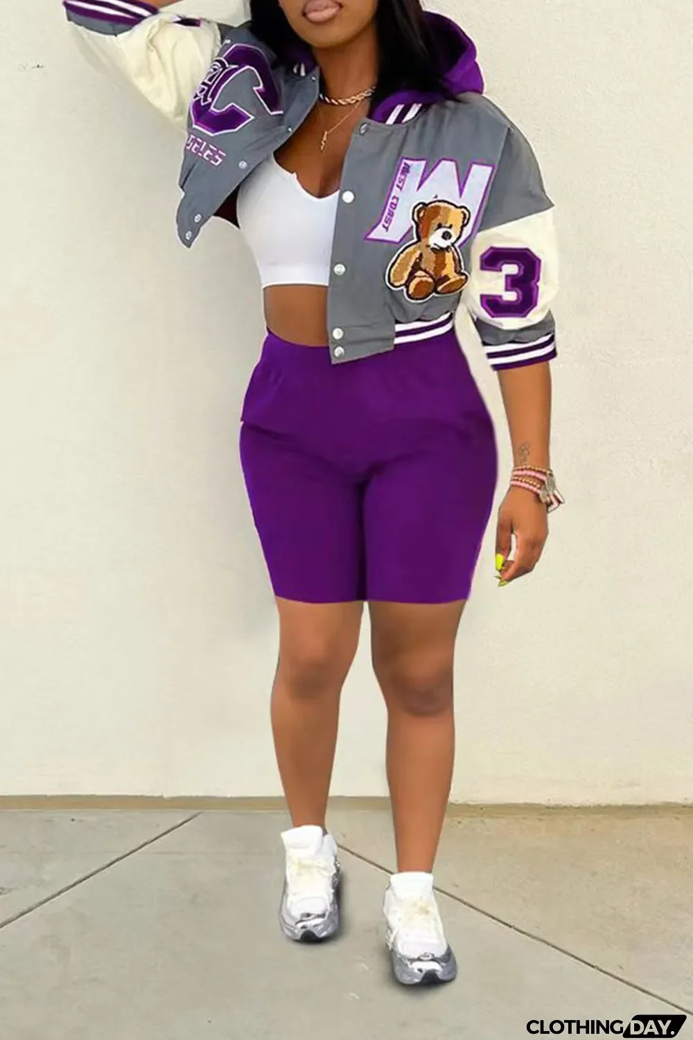 Purple Sexy Print Patchwork Hooded Collar Outerwear