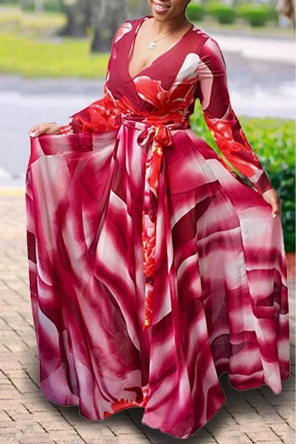 Casual Printed Red Floor length Dress