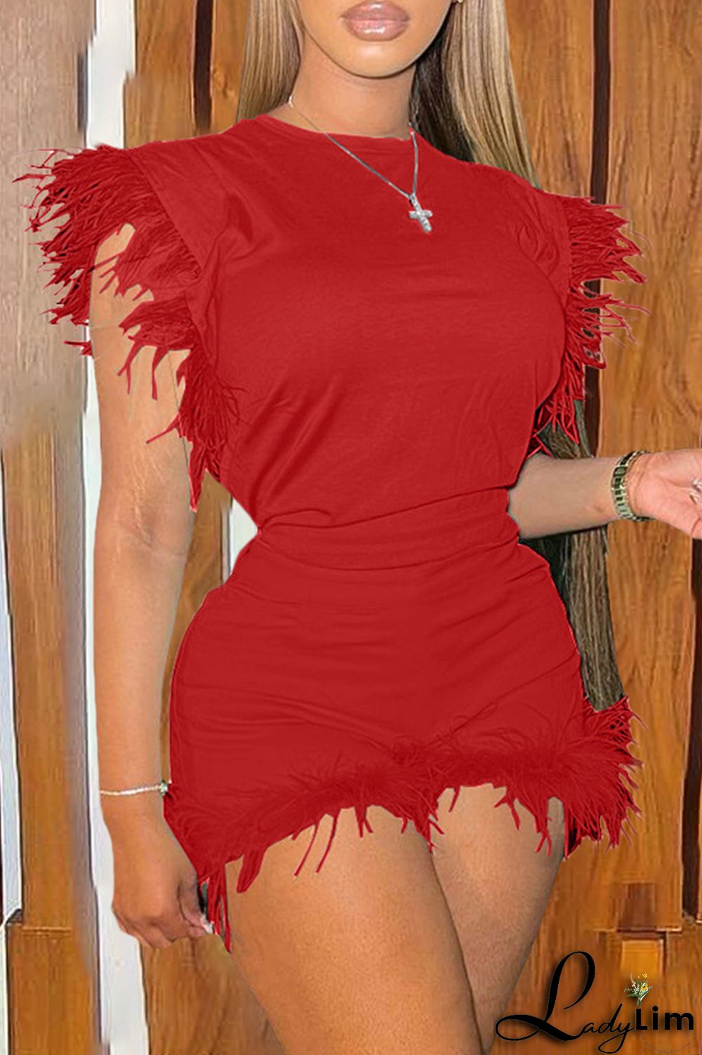 Cyan Fashion Casual Solid Patchwork Feathers O Neck Sleeveless Two Pieces