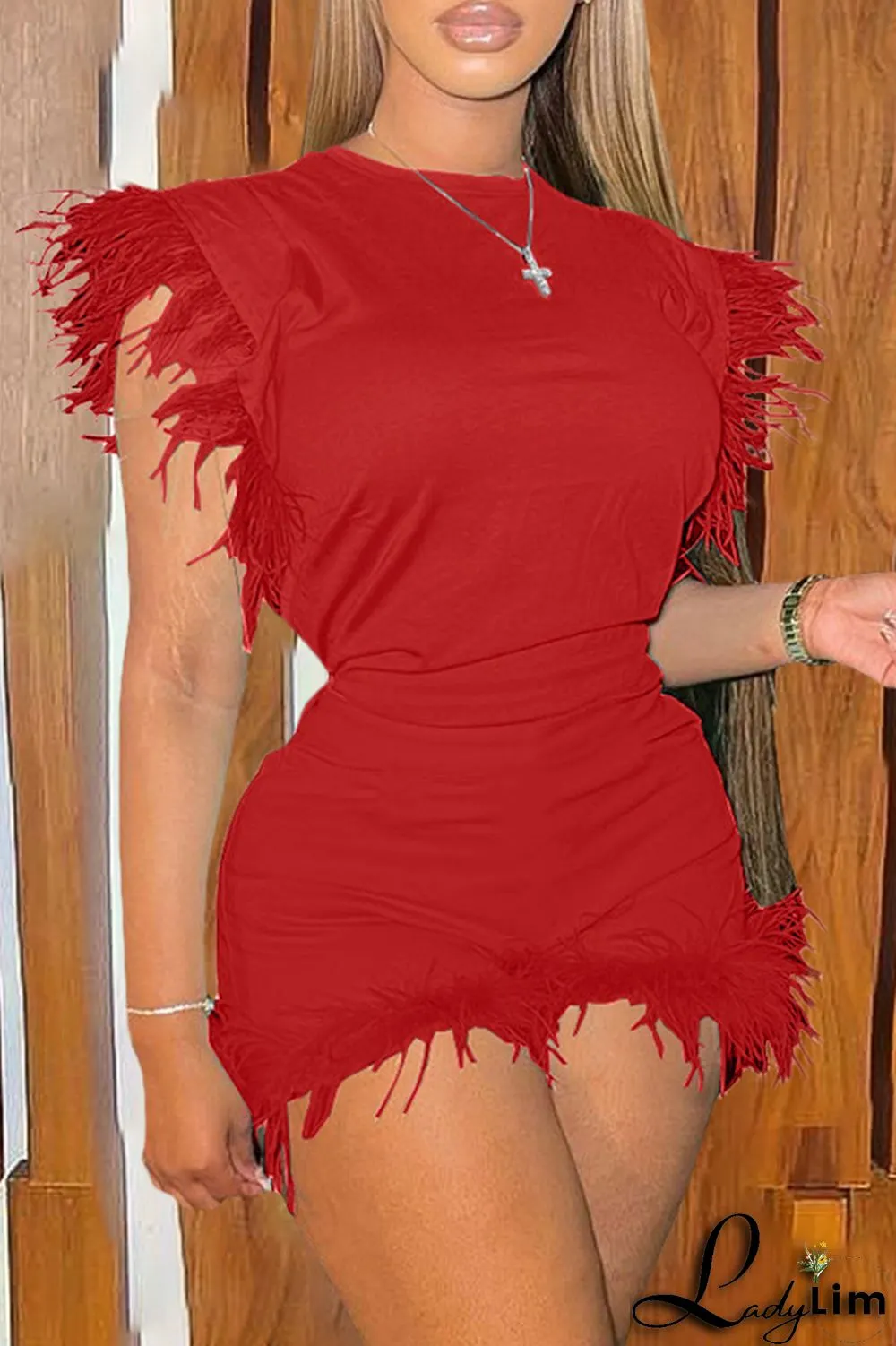 Cyan Fashion Casual Solid Patchwork Feathers O Neck Sleeveless Two Pieces