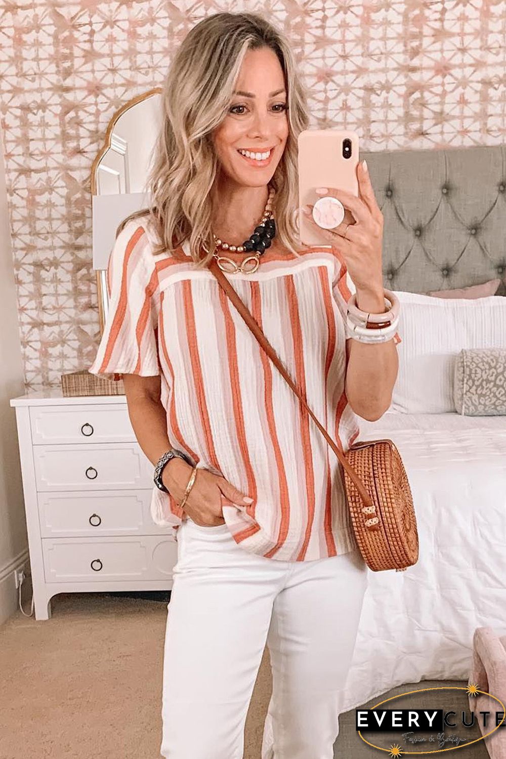 Orange Striped Buttoned Back Square Neck Blouse