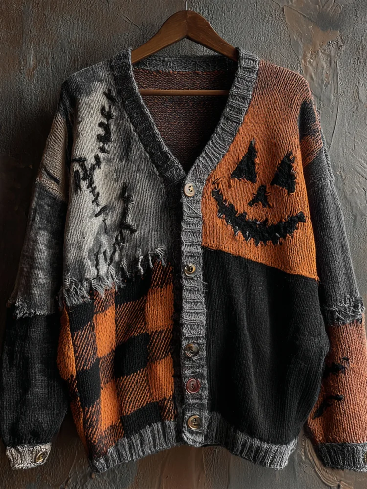 Halloween Pumpkin Face Plaid Patchwork Cozy Knit Cardigan