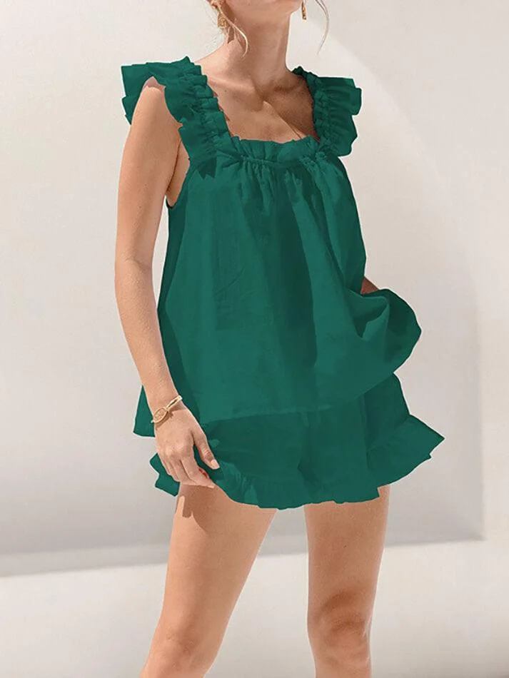 Brownm Cotton Ruffle Cami Shorts Set