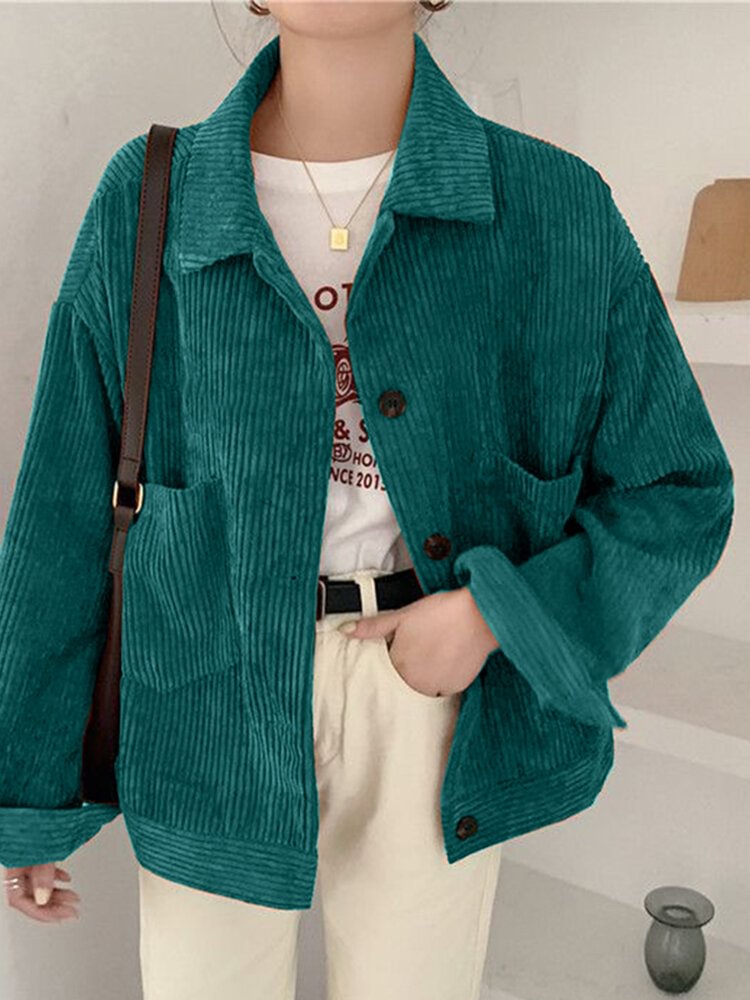 Corduroy Solid Pocket Button Loose Long Sleeve Lapel Jacket - Shop Trendy Women's Fashion | TeeYours