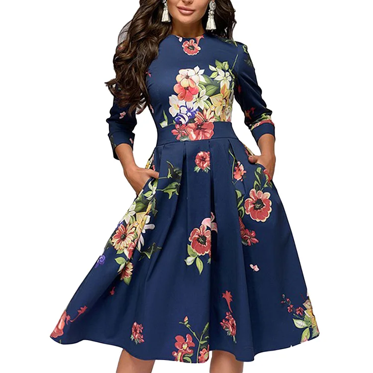 Women's O Neck Elegant Long Sleeve Party Vintage Floral Print Midi Party Dress