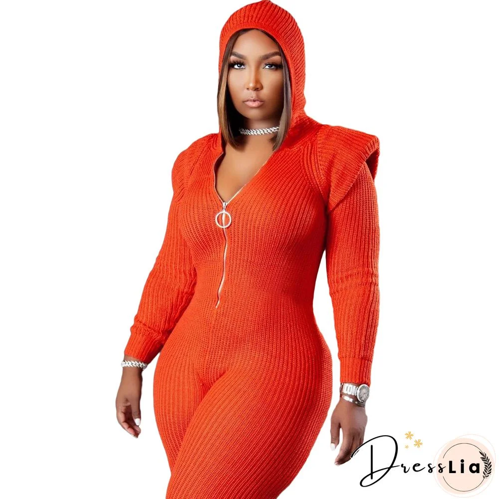 Knitted Long Sleeve Shoulder Padded Hooded Jumpsuit