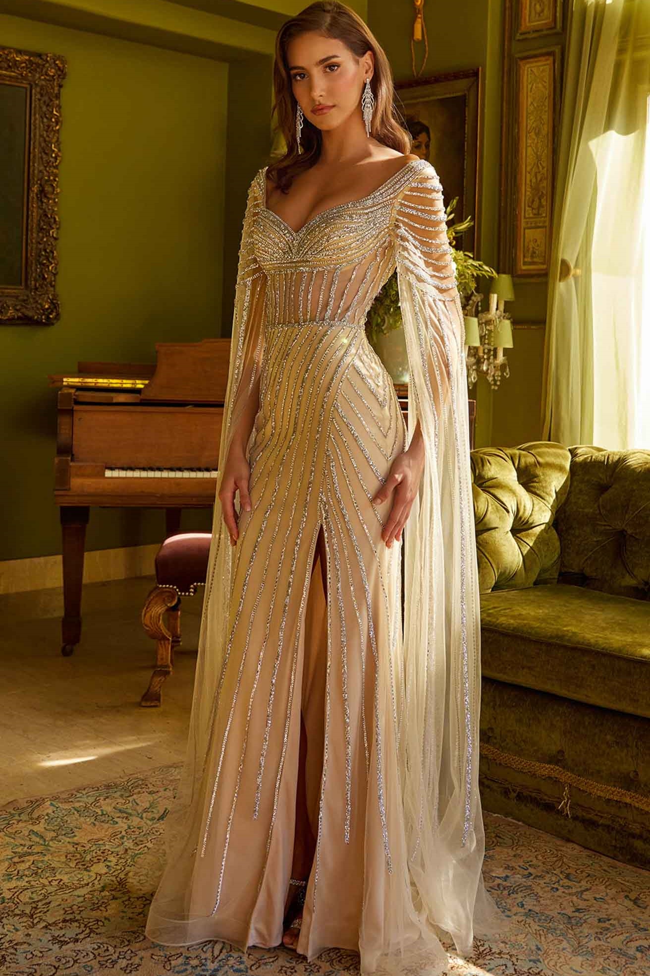 Ovlias Fabulous Sheer Rhinestone Slimming Rhinestone Evening Dress LY0709