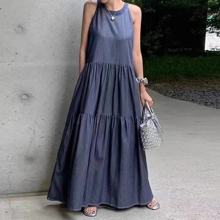 Elegant Denim Splicing Sleeveless Maxi Dress