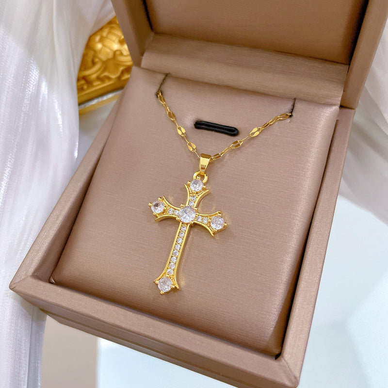 Cross Zircon Gorgeous Full Diamond Necklace Women’S Versatile Clavicle Chain Titanium Steel Chain