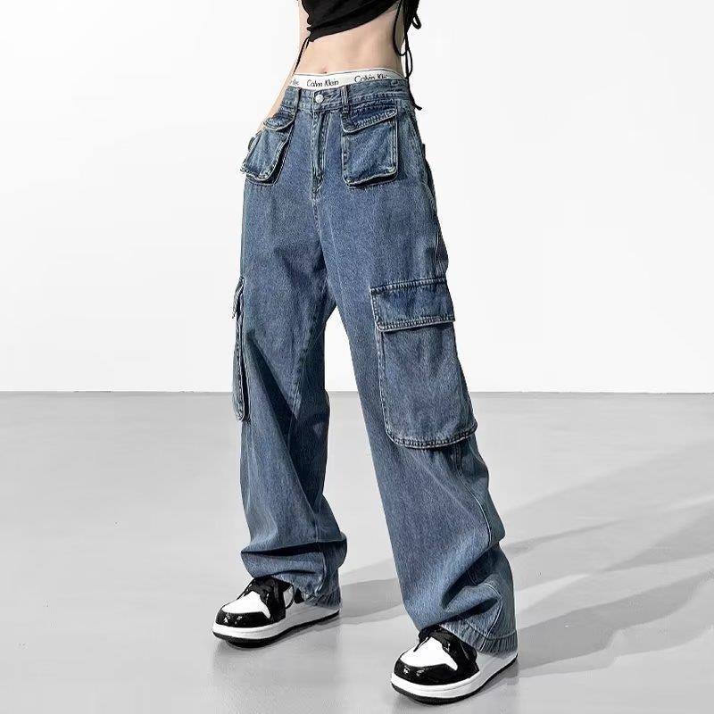 tomboy outfit American Retro Design Pocket Jeans Women's Spring Ins Trendy High Street Niche Straight Wide Leg Overalls