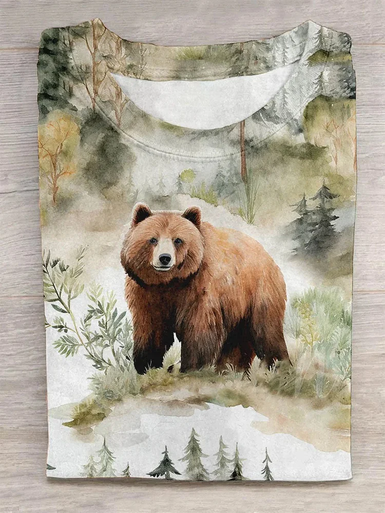 Bear In The Woods Print Casual T-shirt