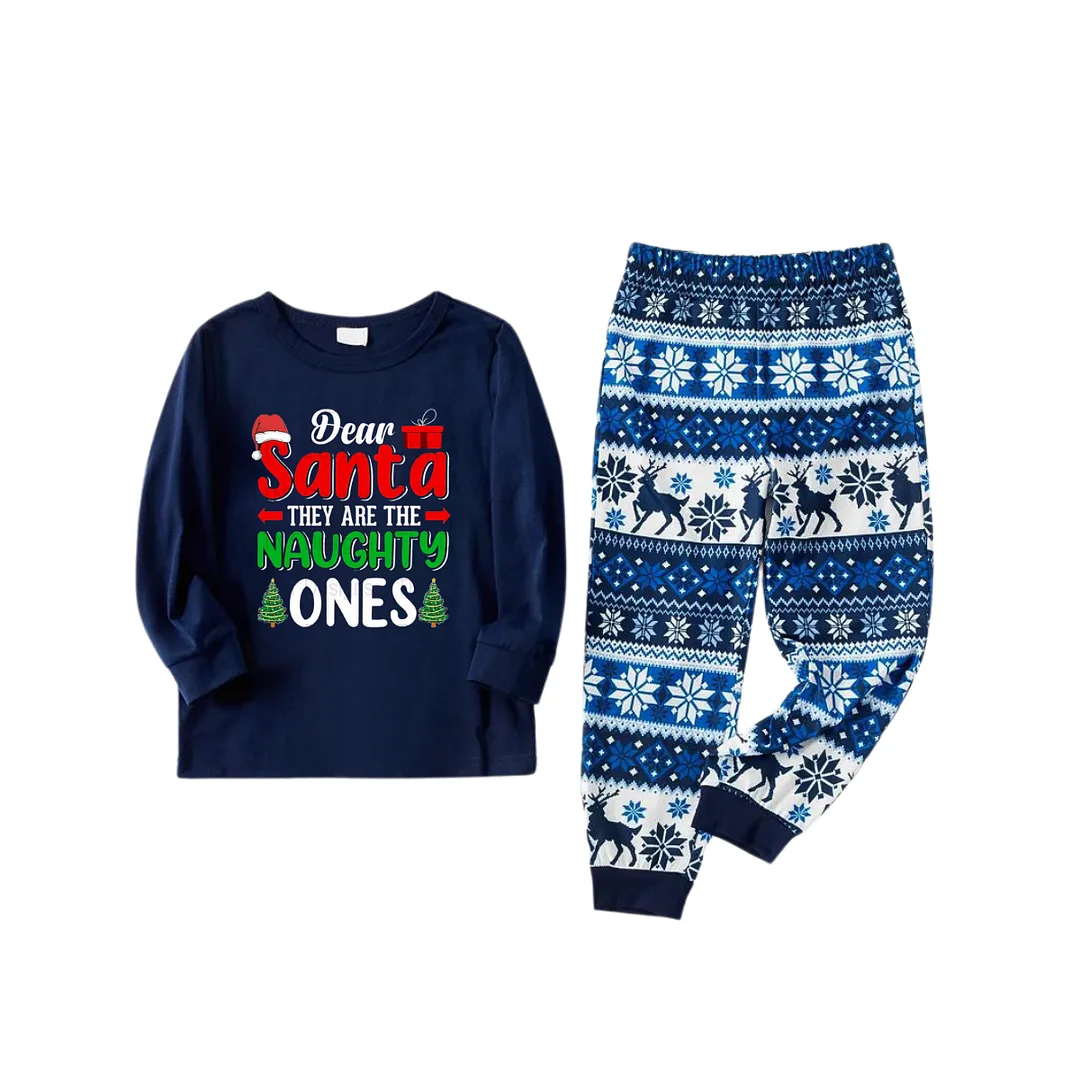 "Dear Santa They are The Naughty Ones" Slogan Printed Blue Family Christmas Matching Pajamas