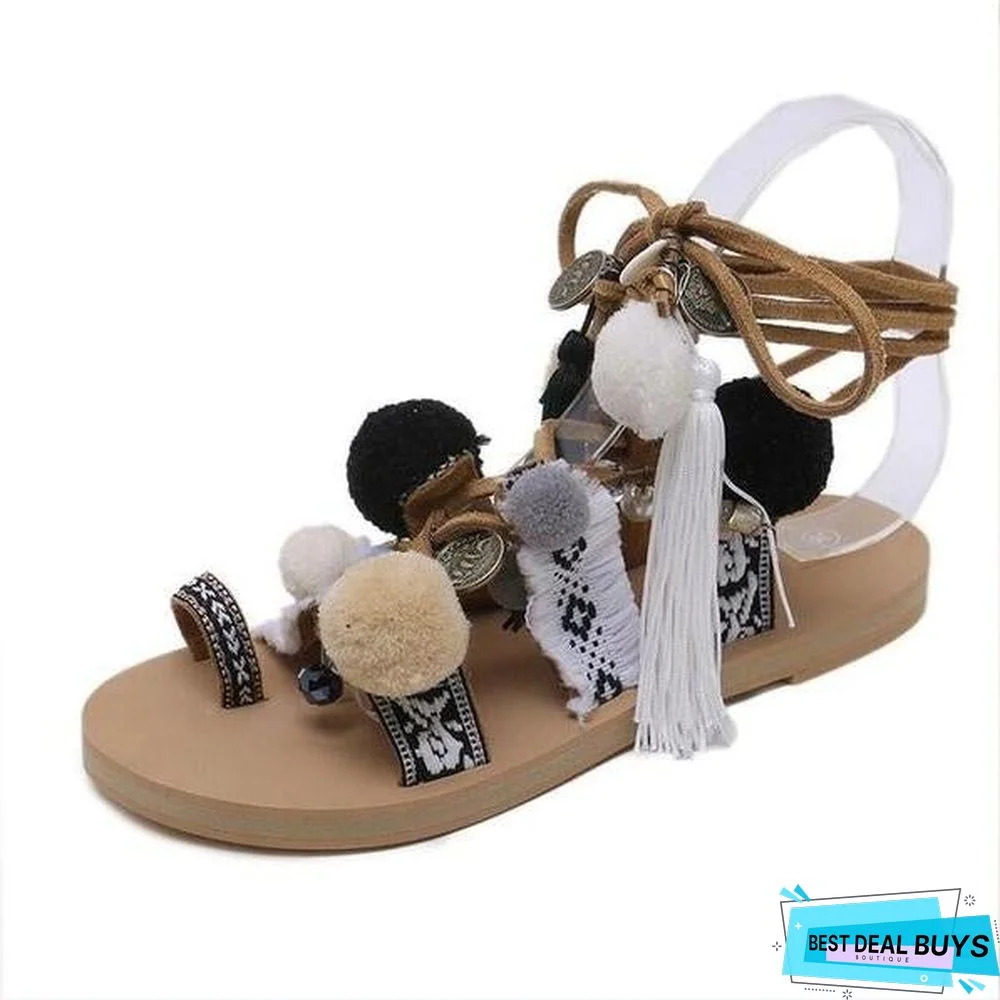 Bohemia Style Fringed Pompoms Gladiator Sandals Cross Strap Tie Up Flats Sandals