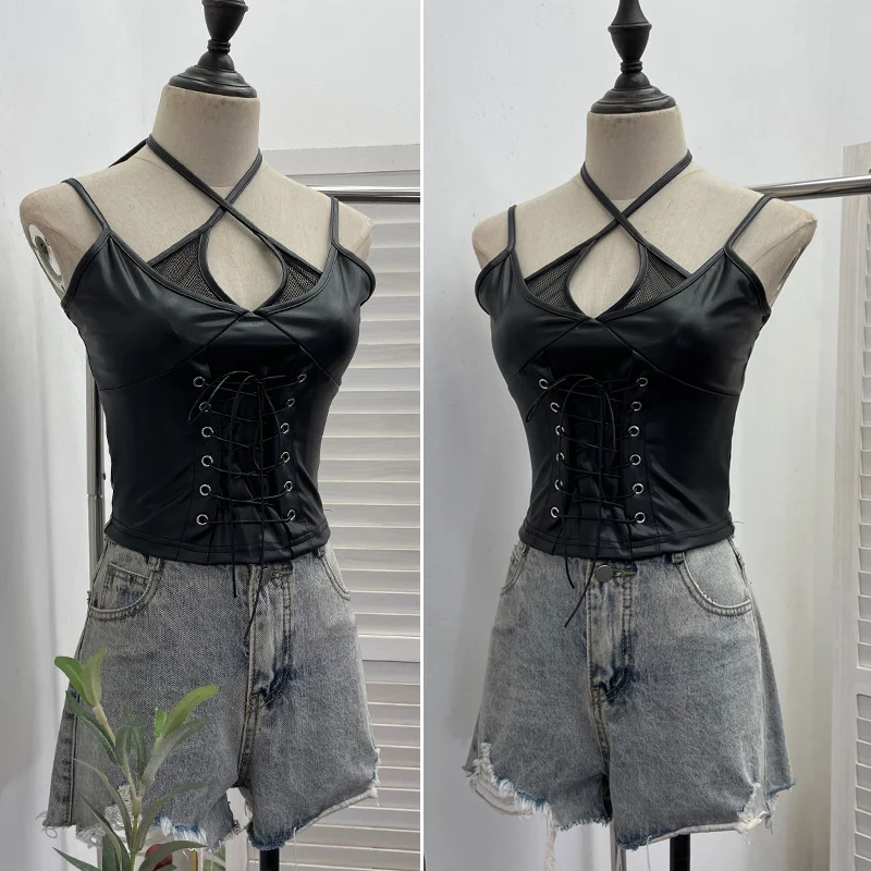 Nigikala Nigikala Shooting Locomotive Punk Pu Splicing Fishing Net Hanging Neck Sling Vest Babes Wearing Rope Repair Short Blouse 8106