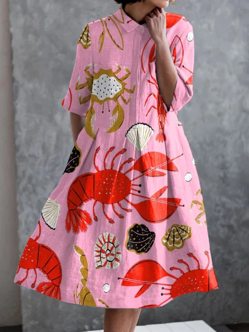 Vacation Ocean World Print Casual Pocket Half Sleeve Dress